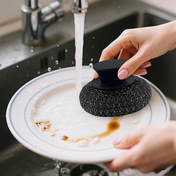 Stainless Steel Wool Scrubber with Rubber Handle & 2 Pads for Cleaning Dishes, Kitchen Pots, Pans, Grills (Black-2Pack)
