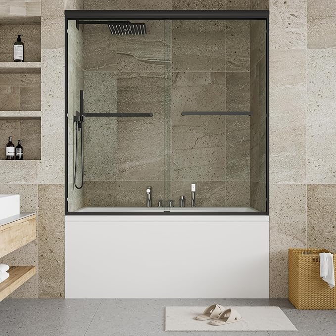 Double Sliding Shower Door, 56"-60" w x 59" h Semi-Frameless Bypass Bathroom Door with 1/4" Tempered Glass,Matte Black Finish for Walk-in Shower