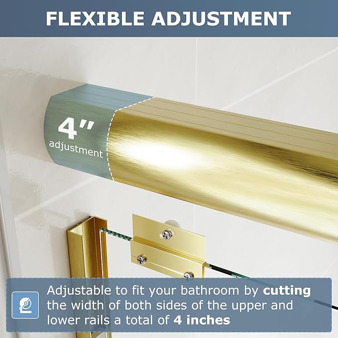 SUNNY SHOWER Double Sliding Glass Door 60" W x 72" H Shower Door 1/4" Tempered Glass Sliding Door Semi-Frameless Shower Glass Enclosure Bypass Walk in Shower Cabin, Brushed Gold