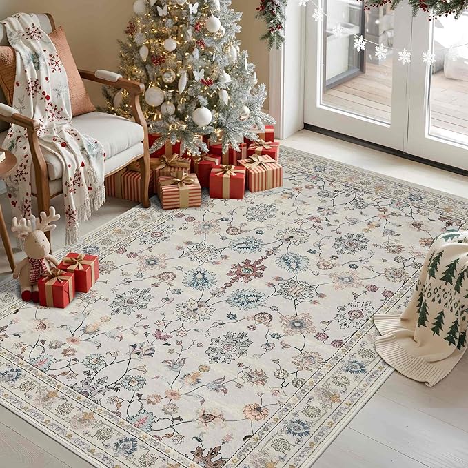 Floral Rug for Entryway Bedroom, 3x5 Washable Area Rug, Vintage Boho Throw Rugs, Non Slip Low Pile Carpet for Indoor Dining Room, Girls Room, Nursery Room and Kids Room(Grey 3x5ft)