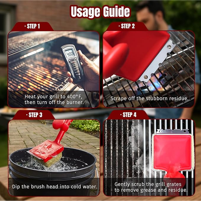 Grill Brush Bristle Free with Aramid Fiber - 600°F Heat Resistant Steam Cleaning Brush, Dual Handle BBQ Grill Cleaning Brush with Scraper, Replaceable Head for Outdoor Grill Weber Traeger Grates