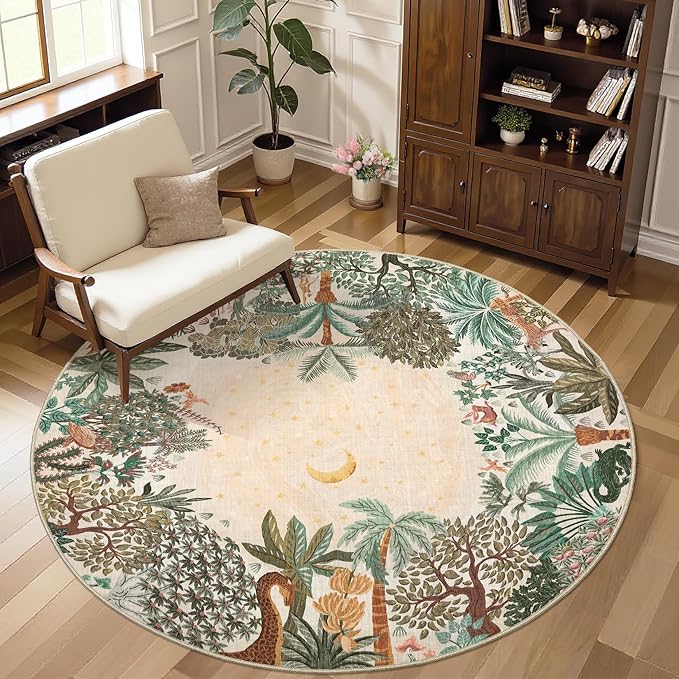 GarveeHome Round Area Rugs 5ft for Bedroom, Beige Jungle Washable Circle Rug Soft Non Slip Forest Animal Print Floor Mat Tiger Carpet Indoor Thin Rug for Kids Room Dining Room Playroom Nursery