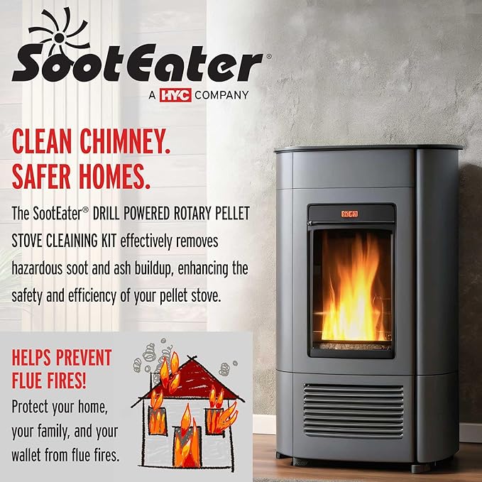 SootEater Pellet Stove Cleaning Kit - Complete Rotary Pellet Stove Vent Kit with Flexible rods, Propeller Pipe Brushes, & Flue Fire Prevention.