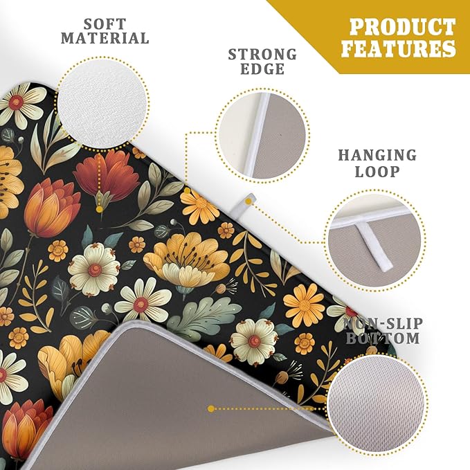 Vintage Boho Floral Dish Drying Mat for Kitchen Counter,Yellow Beige Black Spring Flower Drying Mat 18 x 24 Inch with Absorbent Reversible Microfiber Drying Pad for Coffee Bar