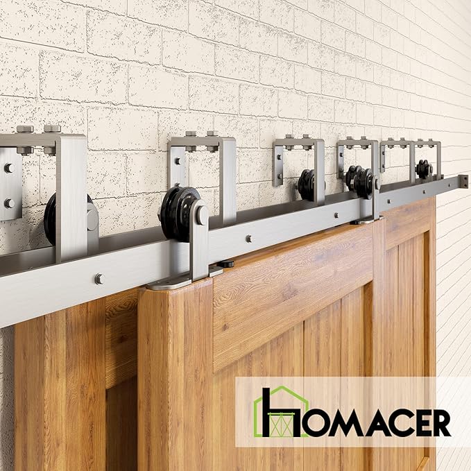 Homacer Brushed Nickel Double Track U-Shape Bypass Sliding Barn Door Hardware Kit, for Three Doors, 6ft Long Flat Track, T-Shape Design Roller