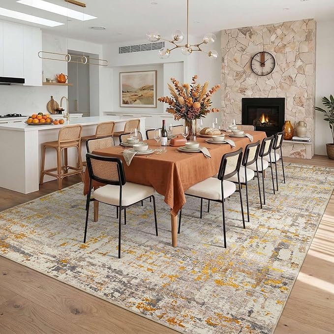 10x14 Extra Large Washable Area Rug, Soft Abstract Vintage Rug for Living Room, Bedroom, Office, Farmhouse, Low Pile Imitation Wool Non Slip Carpet Ideal for High-Traffic Areas, Beige Gold