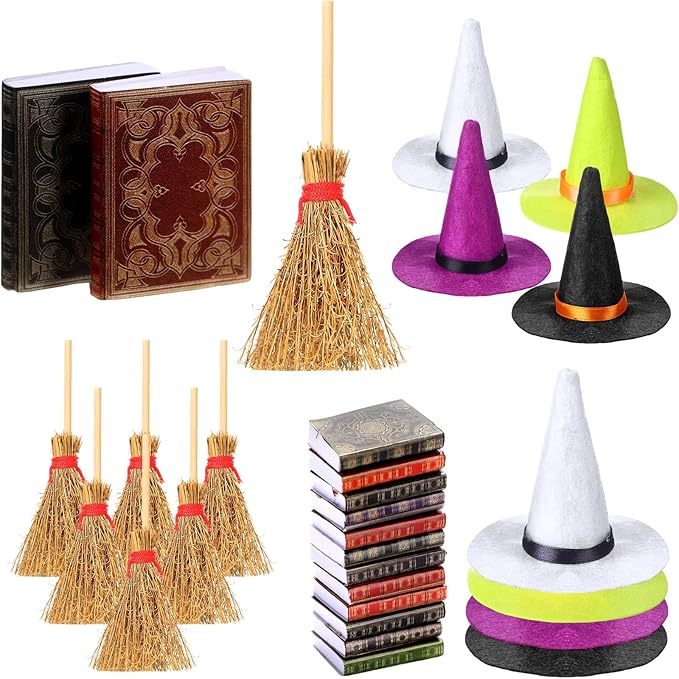36 Pieces Mini Halloween Decorations 12 Mini Felt Witch Hats 12 Small Brooms 12 Miniature Dollhouse Books Tiny Witch Accessories Set for DIY Crafts Halloween Party Decor Supplies (Colorful)