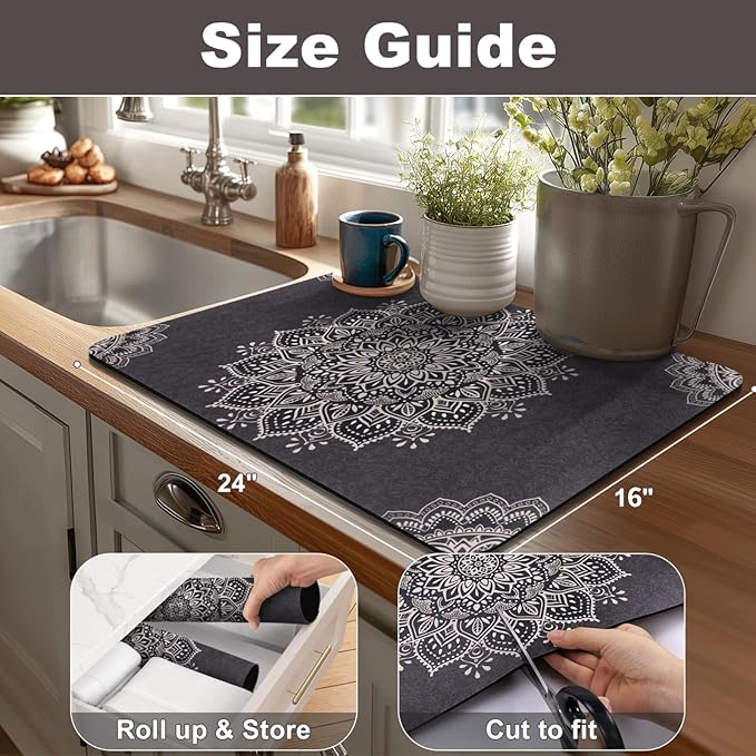 Yamaziot Boho Coffee Mat 12"x20", Floral Dish Drying Mat for Kitchen Counter, Non Slip Coffee Bar Accessories Espresso Machine Dish Rack