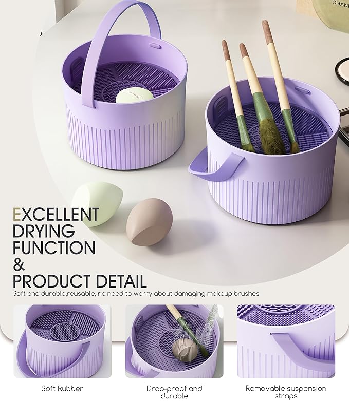Makeup Brush Cleaner Bowl Rack 3 in 1, Silicone Cleaning Tool with Drying Holder Mat, Organizer Makeup Brush Storage Air Dry Case (purple)