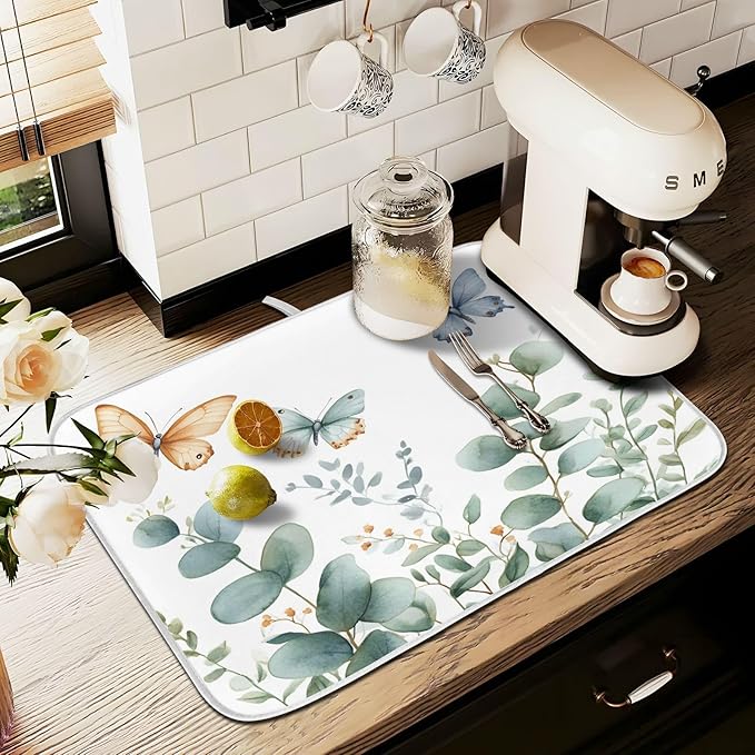 Spring Eucalyptus Green Leaf Dish Drying Mat for Kitchen Counter Absorbent Microfiber Small Drying Pad Dish mats for Kitchen Countertops 16 x 18 Inch