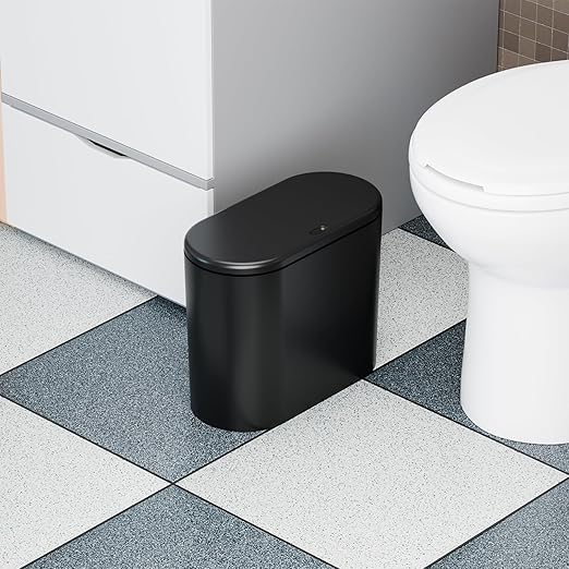 Yieach 3.17 Gallon Thin Small Black Bathroom Trash Can with Lid,12L Small Pet/Dog Proof Slim Trashcan and Skinny Covered Trash Can,Plastic Covered Wastebasket,Garbage Can for Kitchen,Office,RV,Bedroom