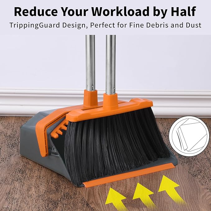 Broom and Dustpan Set with 51'' Long Handle, Upright Broom and Dustpan Combo for Home Kitchen Office Restaurant Garage Lobby Dog Cat Pets Hair - Grey and Orange