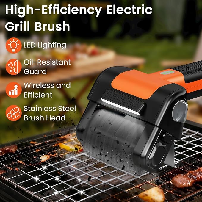 Electric Rotary Grill Brush, 950 RPM Cordless Rechargeable BBQ Tool with 4500mAh Battery, LED Light, 304 Stainless Steel Brush Head, No Preheating Grill, Heavy Duty Grill Clean Tool for Outdoor Grill