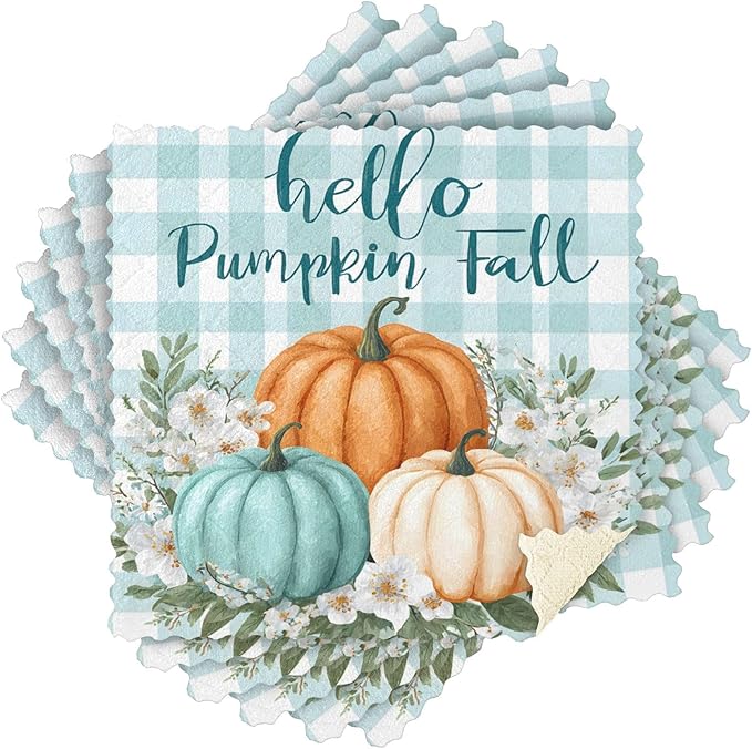 Kitchen Towels Hello Fall Pumpkins Teal Buffalo Plaid Check Dish Towels Multipurpose Reusable Dish Cloths Soft Cleaning Cloth Kitchen Accessories Set of 6,11"x11"
