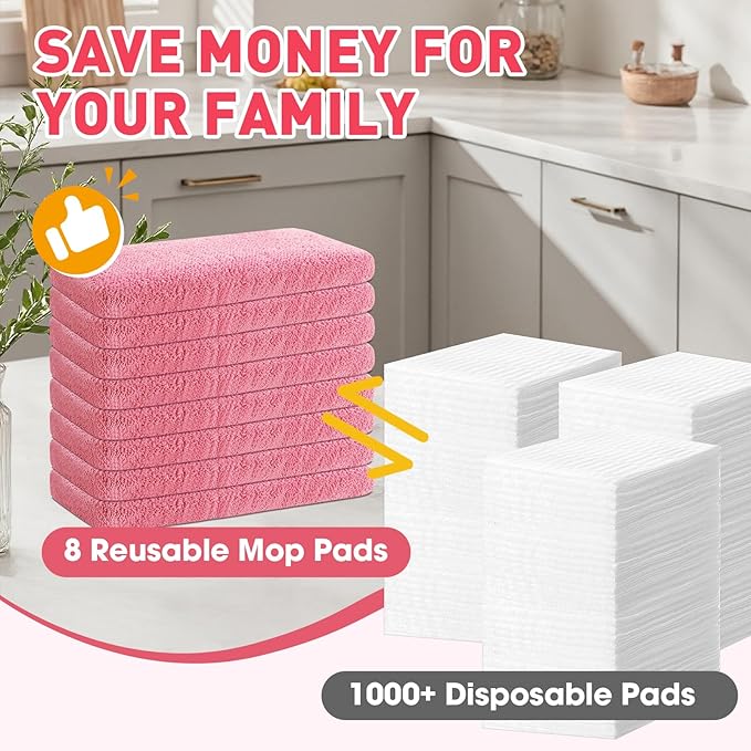 8Pcs Pink Reusable Mop Pads,Microfiber Mop Pads Compatible with Swiffer Sweeper, Dry Sweeping Cloths & Washable Wet Pads Refill for Floor