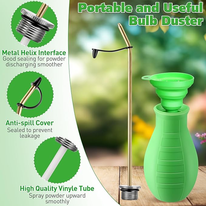 Diatomaceous Earth Powder Duster, 8OZ Garden Powder Applicator Dispenser with Long Metal Tube, Bulb Duster Sprayer for Home Organic Gardening Agricultural Supply(Green,1 Pack)