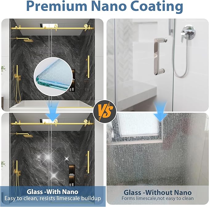 KPUY Tub Shower Door, 55-60" W x 60" H Frameless Sliding Bathtub Door, 1/4" (6mm) Thick Tempered Clear Glass with Explosion-Proof Film Nano Coating, Stainless Steel Frame, Brushed Gold