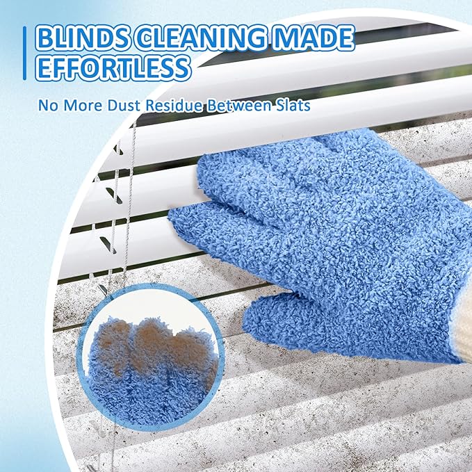 MIG4U Microfiber Dusting Gloves House Cleaning Glove for Blinds, Windows, Shutters, Furniture, and Car, Reusable Lint-Free Blue 2 Pairs S/M