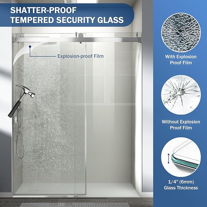 Abruzzo 76" Frameless Shower Door Single Sliding - 1/4" Tempered Glass Soft Close, Chrome, Adjustable 56-60" Width