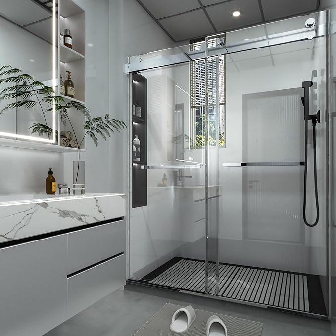 Shower Door 56–60 in W x 76 in H, 3/8" Tempered Glass Double Sliding Shower Door, Frameless Chrome, Exquisite Rolling Track Design, Reversible Installation for Modern Bathroom