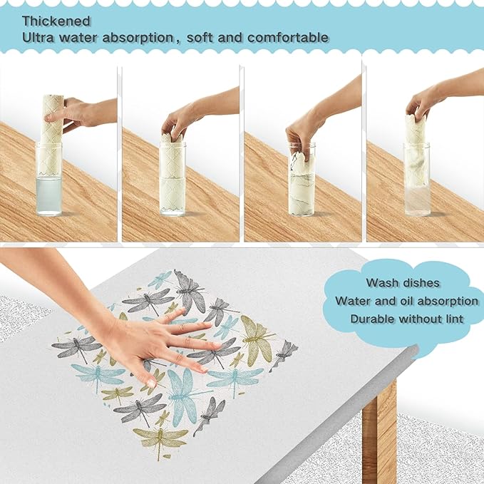 ALAZA Dish Towels Set of 6 - Fern Botanical Dragonfly Design, Absorbent Cleaning Cloths, Lint-Free Bar Tea Soft Towels, Kitchen Accessories, 11"x11"