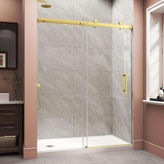Frameless Shower Door,Single Sliding Glass Shower Door with Nano Coating & Safety Film, Adjustable 49"-54" W x 72" H, Brushed Gold,1/4" (6mm) SGCC Tempered Glass
