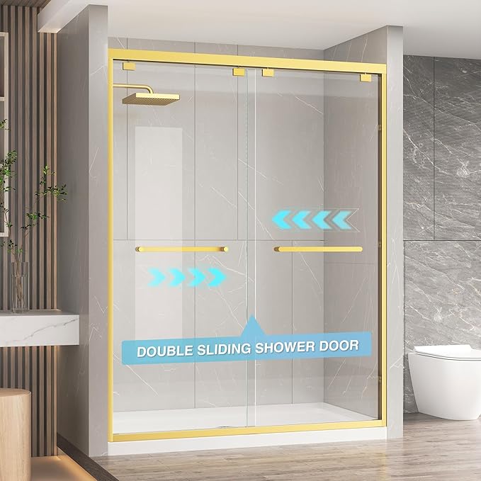 KPUY Glass Shower Door, 49-54" W x 76" H Semi-Frameless Double Sliding Shower Door, 1/4" (6mm) Thick Tempered Clear Glass with Explosion-Proof Film Nano Coating, Brushed Gold
