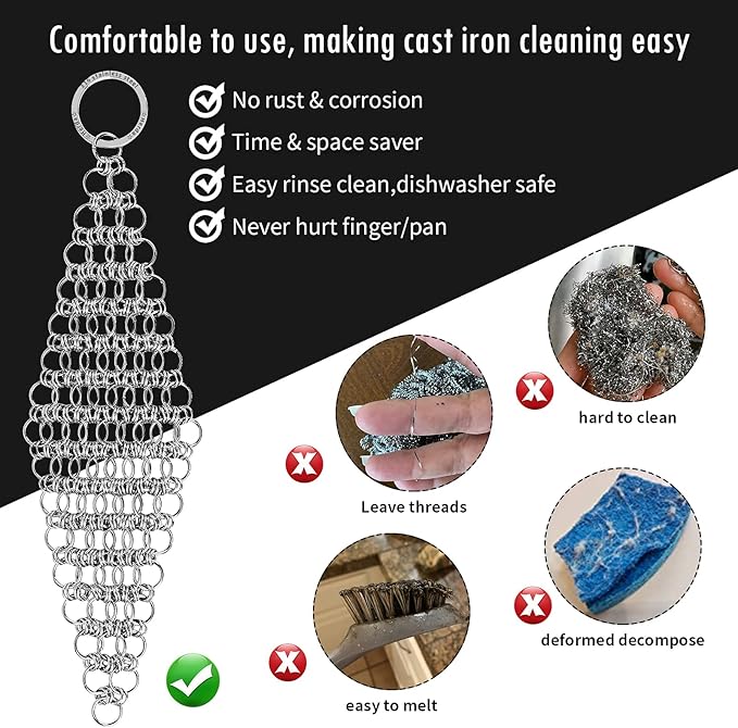 2pcs 5”x5“ Chain Mail Cast Iron Cleaner Scrubber, 316 Chainmail Scrubber Cast Iron Skillet Cleaning Brush, Chainmail Scrubbing Metal Scrub Tool to Clean Dutch Oven Carbon Steel Wok Grill Pan Pot