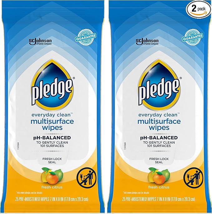 Pledge Multi Surface Everyday Wipes Fresh Citrus, 25 Count (Packaging May Vary) (Pack of 2)