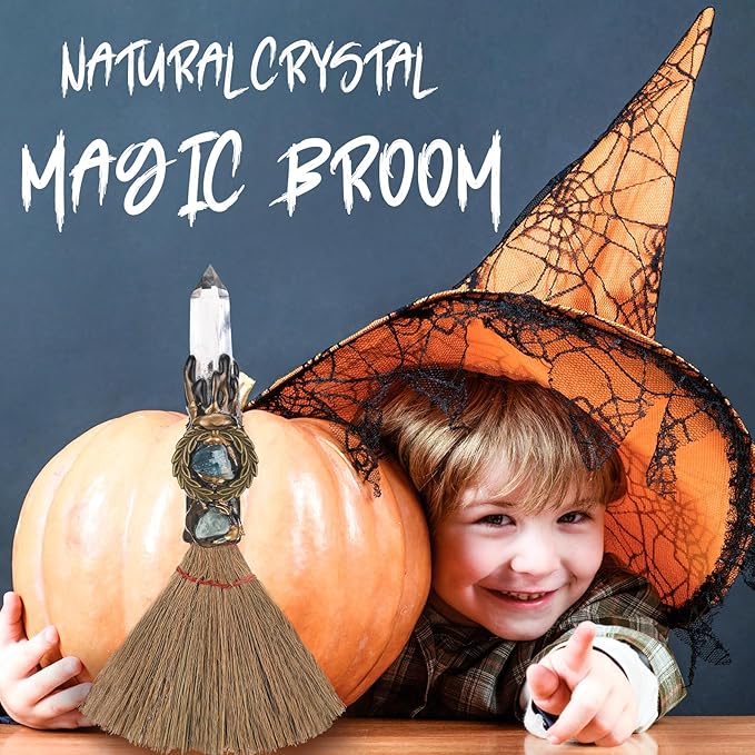 Witch Crystal Altar Broom - Natural Crystal Magic Broom for Wiccan Décor Halloween Costume Handmade 8 Inches Mini Witches Broomstick with White Crystal Stone for Cleansing Healing Feng Shui