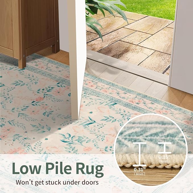 2x6 Floral Runner Rug, Washable Runners for Hallways, Pink Vintage Boho Kitchen Rugs, Non Slip Hallway Runner Carpet for Indoor Hallway, Kitchen, Laundry Room and Bathroom