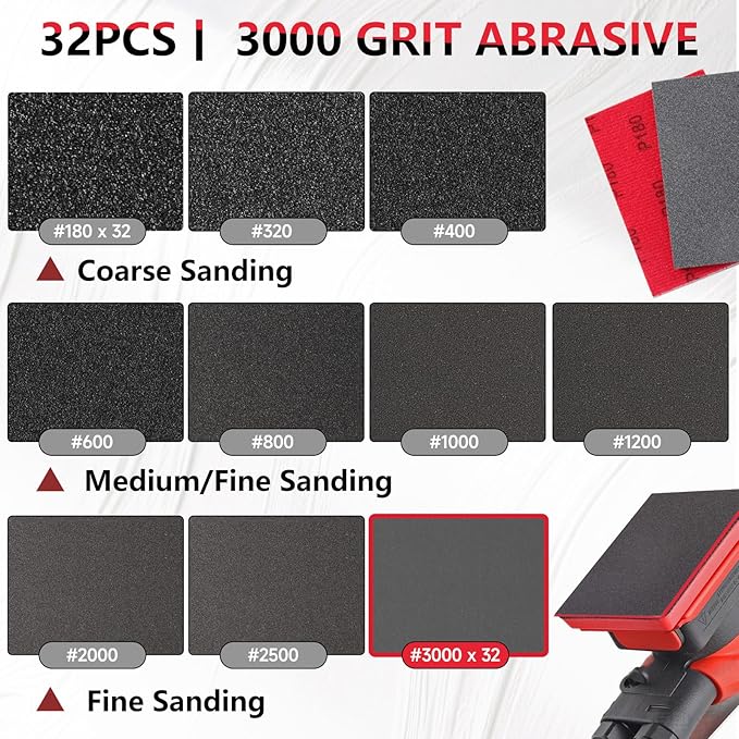 32-Pack 3x4 Inch 3000 Grit Hook & Loop Sanding Sponges - Wet/Dry Foam Pads for Fine Polishing on Metal, Automotive, Models & Furniture