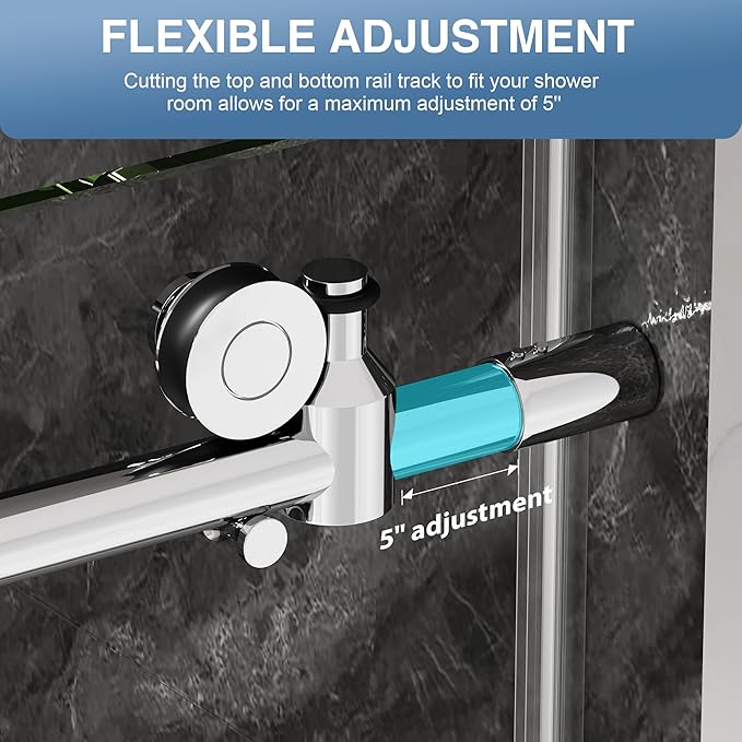 KPUY Frameless Shower Door, 61-66" W x 76" H Sliding Glass Shower Door, 1/4" (6mm) Thick Tempered Clear Glass with Explosion-Proof Film Nano Coating, Stainless Steel Hardware, Chrome