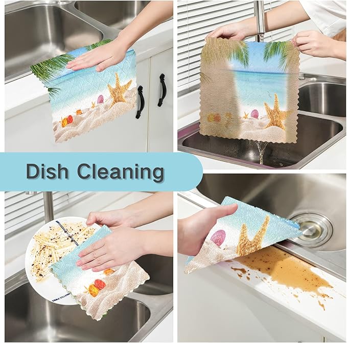 ALAZA Dish Towels Kitchen Cleaning Cloths Palm Leaf Starfish Summer Beach Dish Cloths Super Absorbent Kitchen Towels Lint Free Bar Tea Soft Towel Kitc