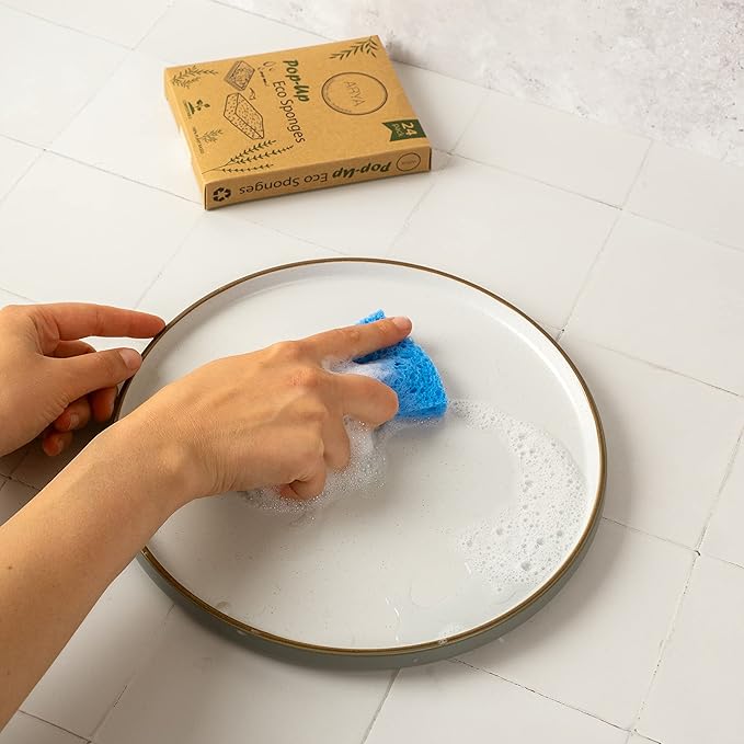ARYA. | Pop-Up Eco Sponges 24 Pack | Natural Cellulose | Compostable & Biodegradable | Compressed Kitchen & Bathroom Sponges | Plastic-Free & Non-Scratch (24)