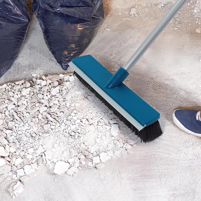16-Inch Push Broom Outdoor with Rubber Squeegee and 58" Long Handle, 2 in 1 Commercial Broom Brush with Stiff Bristles for Deck Patio Garage Warehouse Driveway Concrete Floor Cleaning Scrubbing