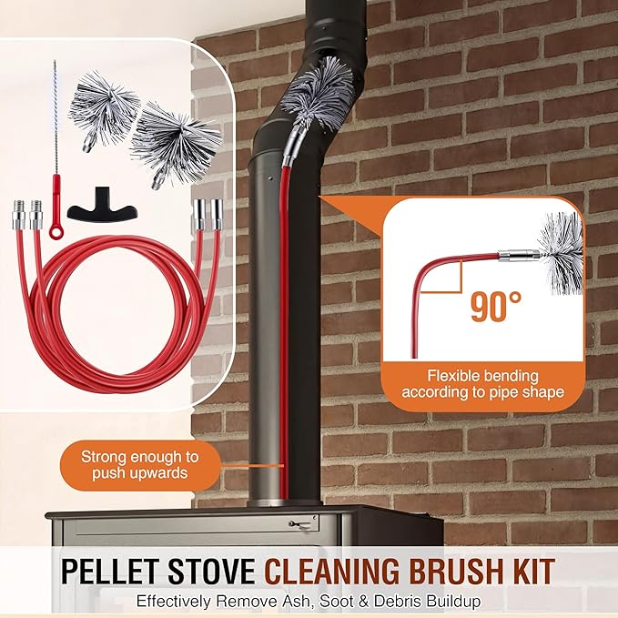 Feekoon Pellet Stove Cleaning Kit, 20 FT Flexible Steel Rod with 3" & 4" Brush Head, Flue Detail Cleaner, Pellet Stove Accessories for Vent Pipes Cleaning - Reduce Buildup & Improve Airflow