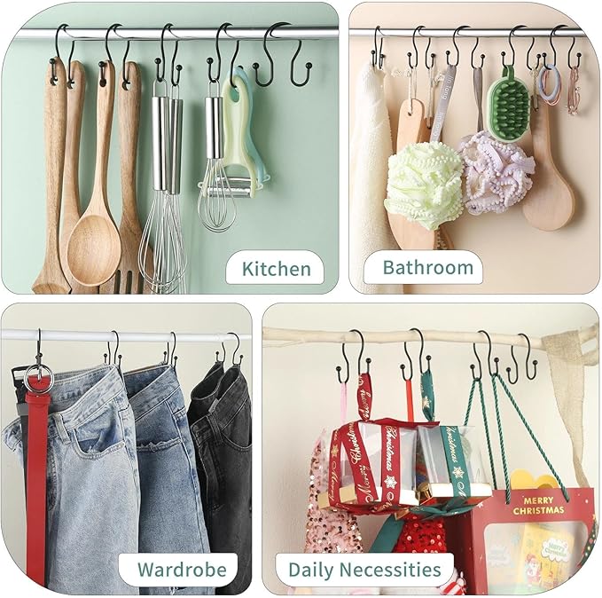 Goowin Shower Curtain Hooks, 12 Pcs Shower Curtain Rings, Stainless Steel Shower Curtain Hangers, Black Shower Curtain Hooks Rings Rust Proof, Minimalist Shower Hooks for Shower Curtain, Black
