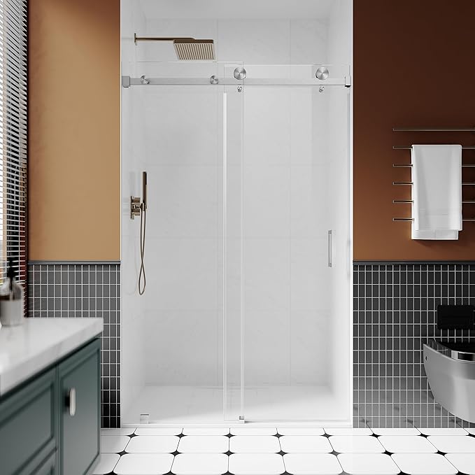 3/8" (10mm) Sliding Glass Shower Door, 50-55" W x 76" H Frameless Bathroom Door with Easy-Cleaning Coating,Brushed Nickel