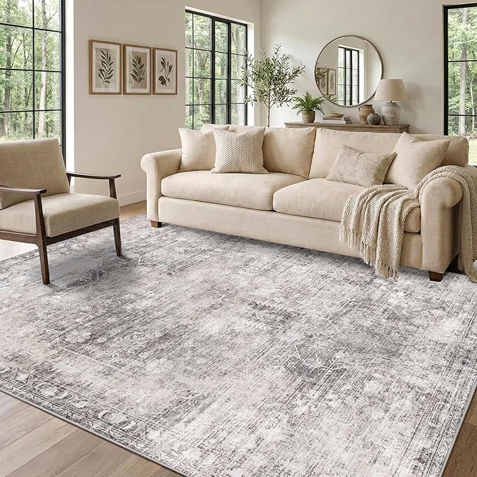 Vintage 5x7 Washable Area Rugs, Grey Rug for Living Room, Bedroom, Dining Room, Kitchen, Boho Indoor Soft Nursery Rugs for Classroom Dorm, Non Slip Low Pile Distressed Carpets for Office