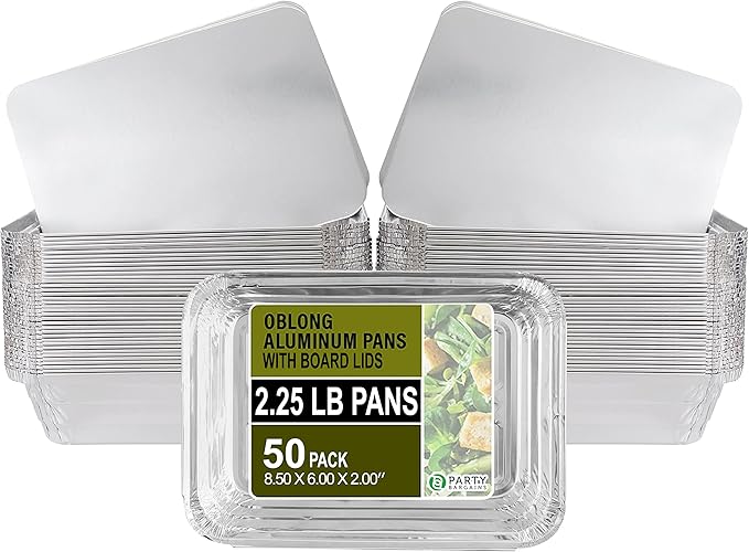 PARTY BARGAINS 2.25 lb Aluminum Pans with Board Lids, 50 Pack – 8 x 6 in Disposable Foil Roasting & Steam Table Pans for Catering, Takeout, Meal Prep, Oven Safe up to 240°C
