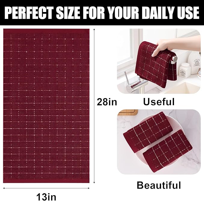 Homaxy 100% Cotton Terry Kitchen Towels(Brick Red, 13 x 28 inches), Checkered Designed, Soft and Super Absorbent Dish Towels, 4 Pack