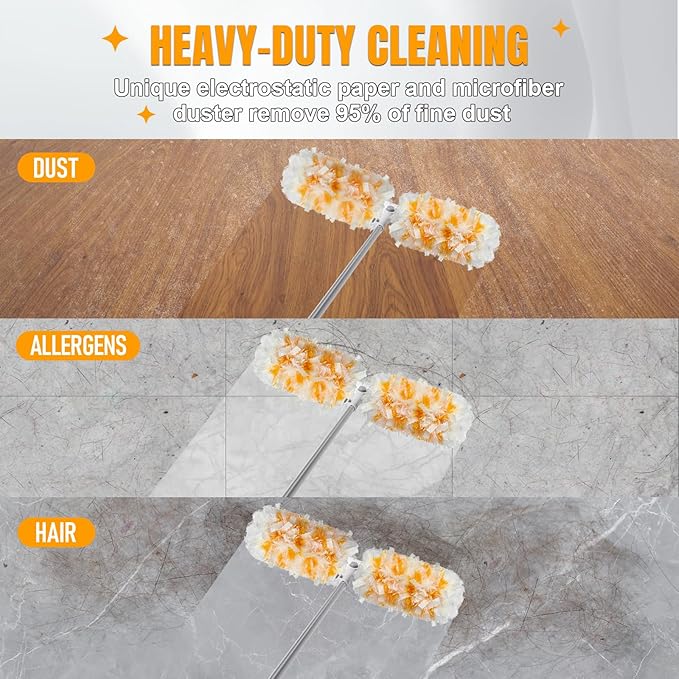 Gelibo Duster Kit with 6 ft Super Extendable Handle, 360° Rotating Ceiling Fan Duster with Locking Mechanism, Compatible with Swiffer, 5 Refills for Efficient Dusting in Hard-to-Reach Places