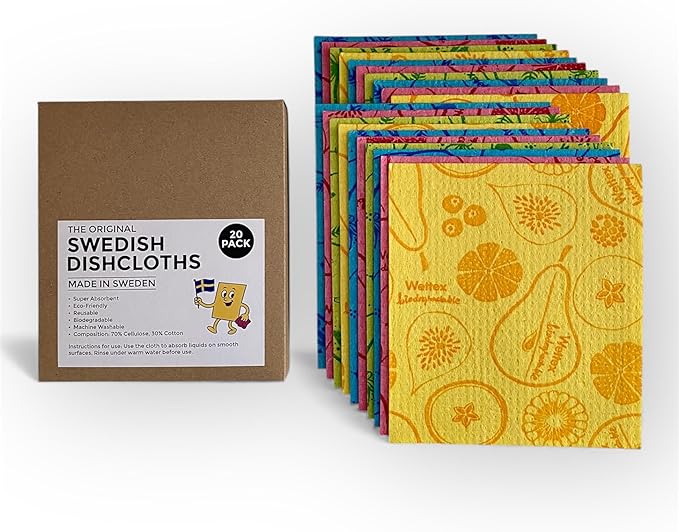 Original Swedish Dishcloths – 20 Pack Reusable Cellulose Sponge Cloths | Made in Sweden | Eco-Friendly, Absorbent Dish Rags for Kitchen, Counters & Household Cleaning