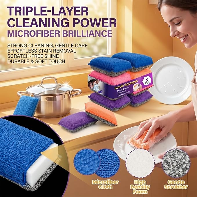 MAQIHAN 8 Pack Microfiber Sponge Kitchen - Dish Scrubber Sponge Non-Scratch Reusable High Density Heavy Duty Kitchen Sink Dish Sponge for Washing Dishes, Pans, Household Cleaning Sponges 4 Colors.