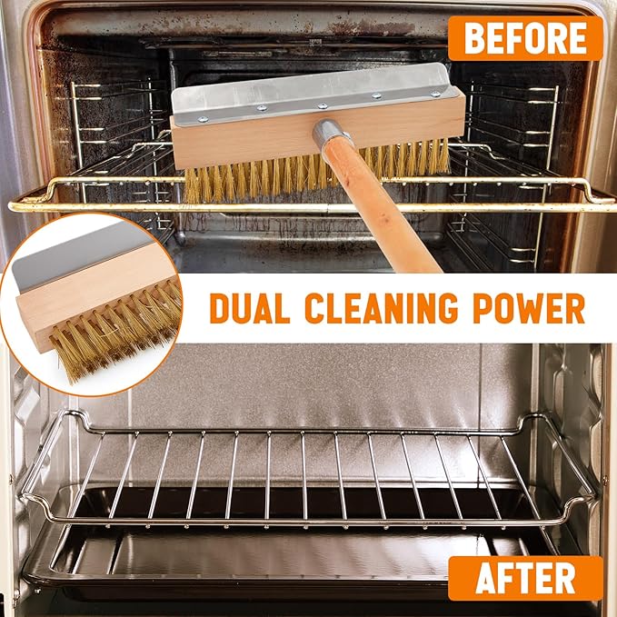 1 Pack 37 Inch Wood Handle Pizza Oven Brush with Scraper Outdoor Pizza Oven Cleaning Brush Tool, Aluminum Threaded Tip, Brass Bristles with Steel Scraper