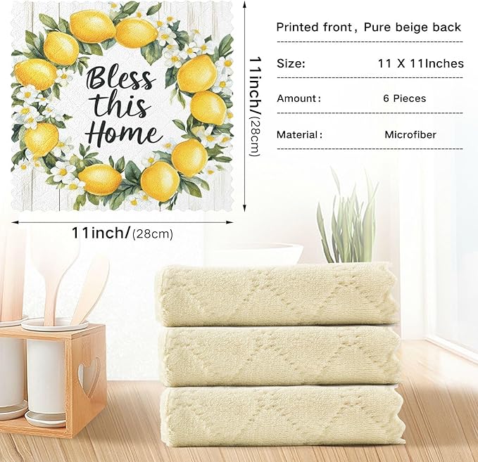 ALAZA Kitchen Towels Summer Lemon Wreath Dish Towels Multipurpose Reusable Dish Cloths Soft Cleaning Cloth Kitchen Accessories Set of 6,11"x11"