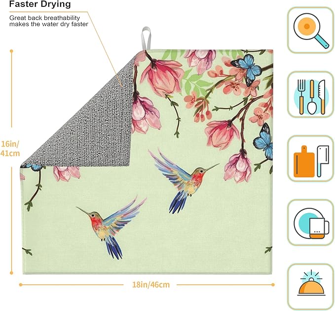 Bird Floral Flowers Dish Drying Mat for Kitchen Counter, 16"x18" Microfiber Absorbent Fast Dry Mat, 2Pcs Dish Mat Faucet Mats Sets, Large Drying Kitchen Mat Kitchen Drying Pad Coffee Bar Decor Gifts