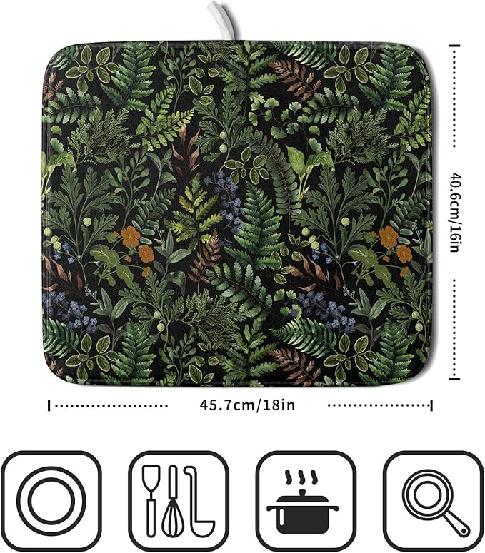 Black Sage Green Plant Dish Drying Mat for Kitchen Counter,Vintage Botanic Fern Leaves Floral Drying Mat 16 x 18 Inch with Absorbent Reversible Microfiber Drying Pad for Coffee Bar