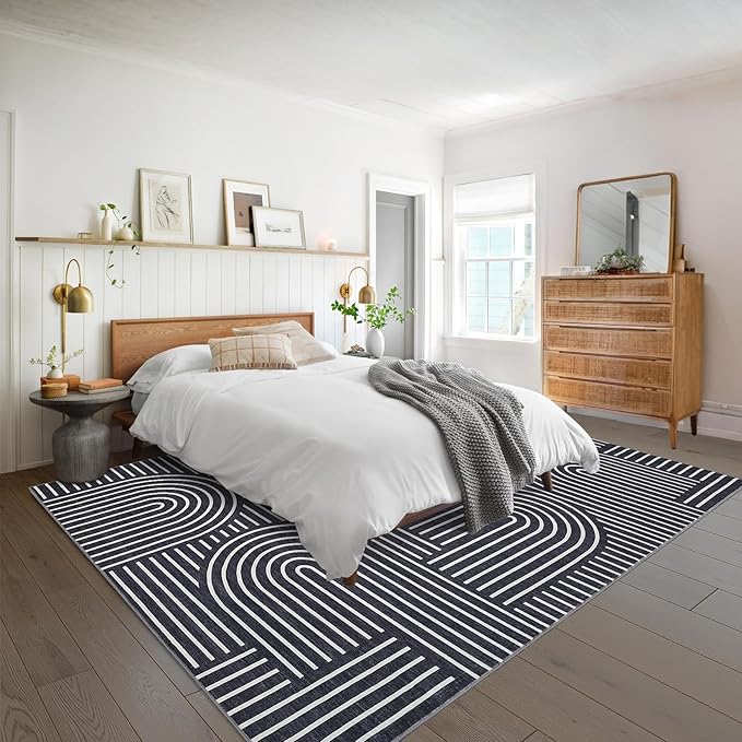 Washable Rug 9x12 Area Rugs for Living Room, Abstract Rug for Bedroom, Soft Rainbow Non Slip Throw Rugs with Rubber Back, Low Pile Stain Resistant Boho Geometric Carpet for Dining Room, Black